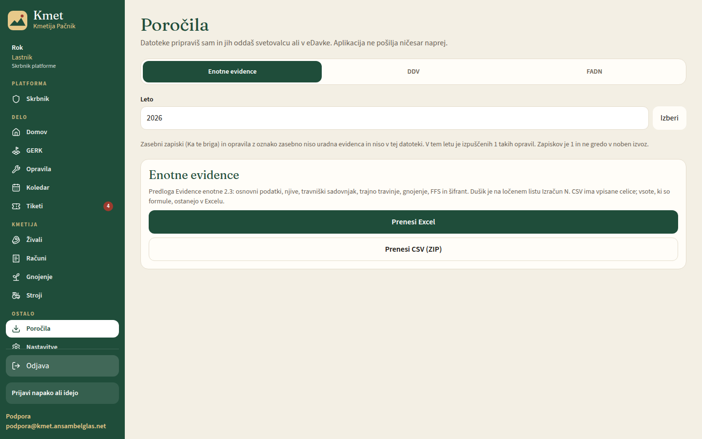Poročila in enotne evidence